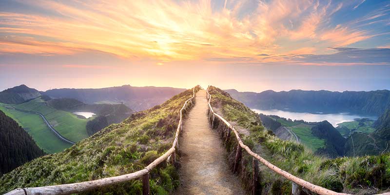 Walking path with a beautiful sunset