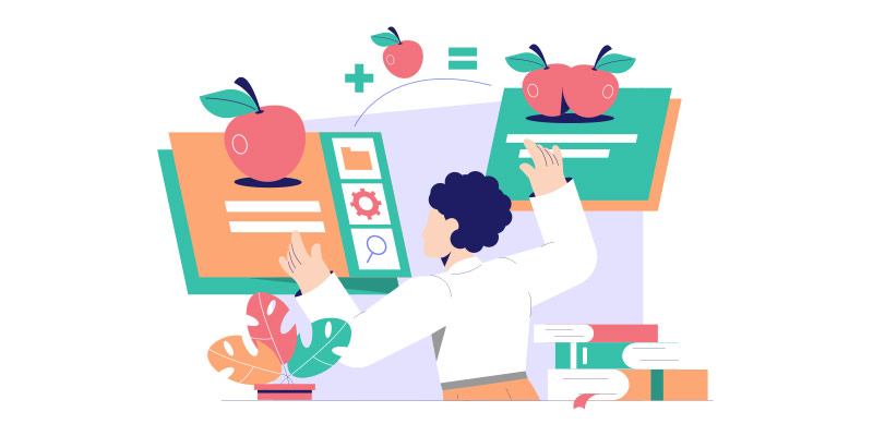 Personalized learning path - illustration of a women learning with her own materials and tools