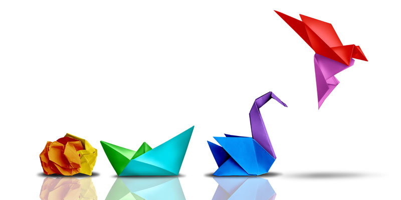 Evolution of a colored paper from a boat to a swan