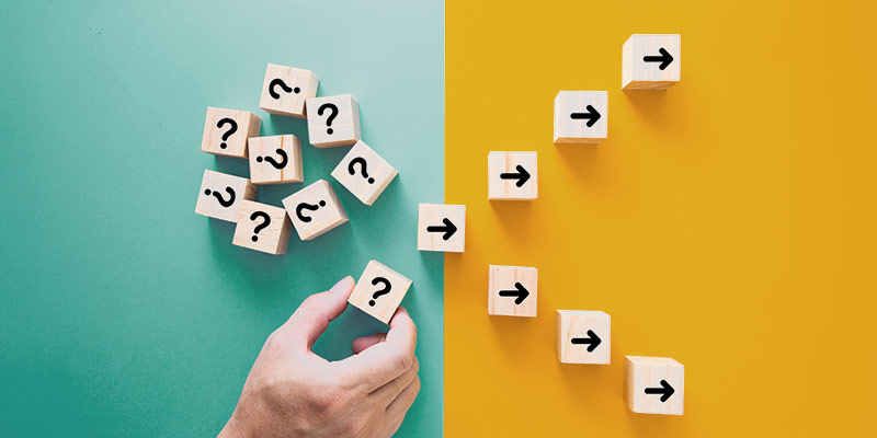 Blocks showing progression from questions to clear direction in language learning