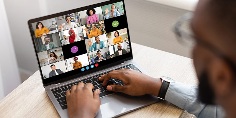 Laptop screen showing learners from all over the world during an online language class.