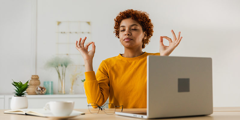 Language learner reducing stress before taking an online placement test