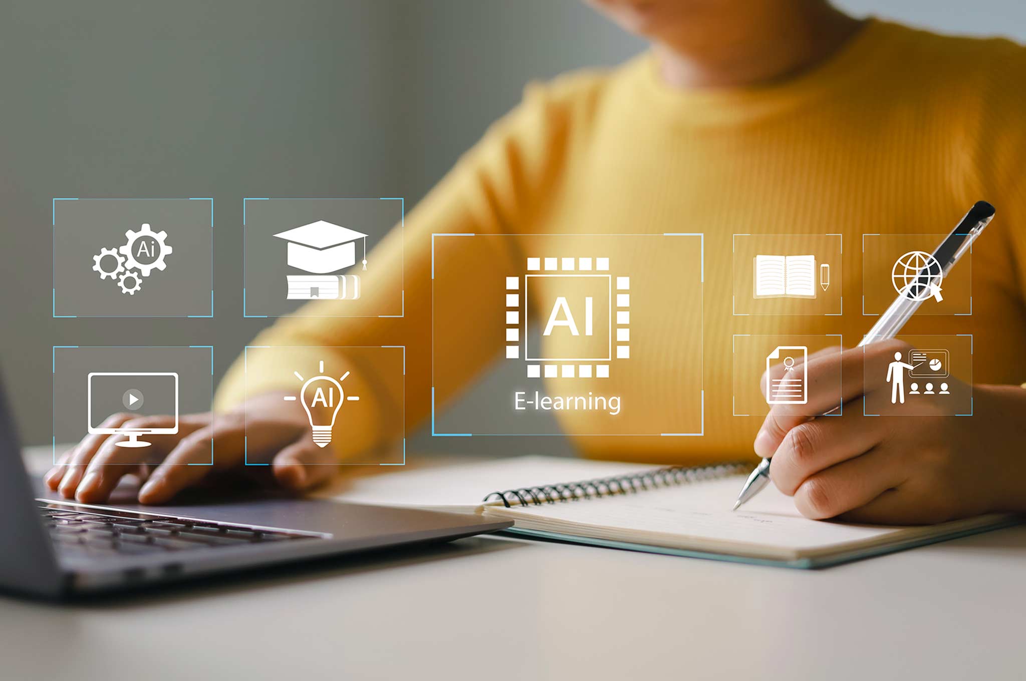 Learner studying online with AI-supported language learning technology and digital learning tools