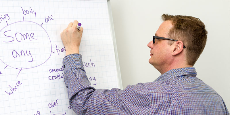 Language teacher presenting grammar structures during a lesson