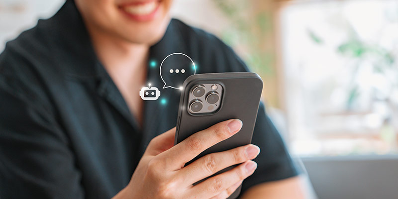 Learner interacting with an AI-powered language learning tool on a smartphone