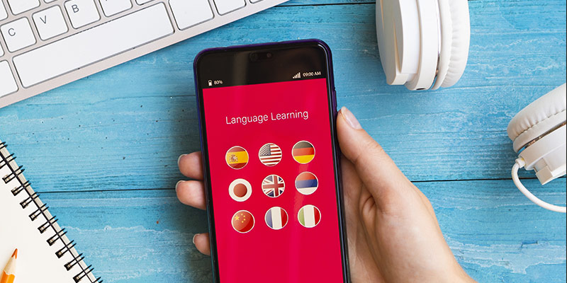 Language learning app with different language choices on a smartphone screen