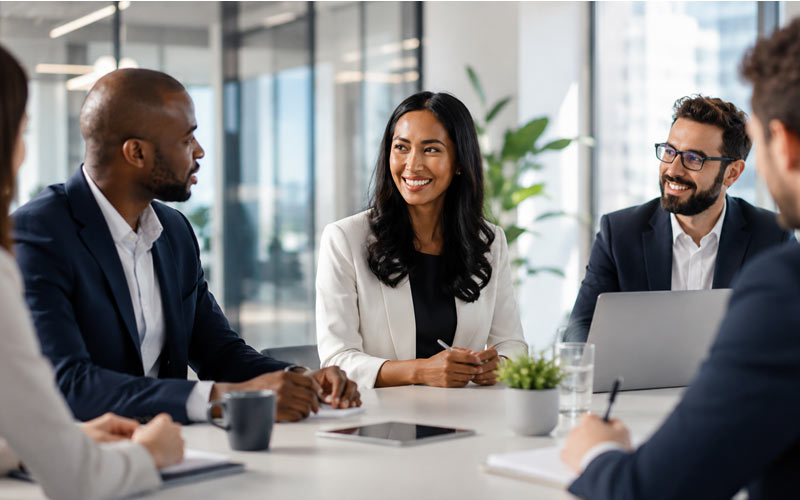 International business professionals collaborating in a meeting, demonstrating the importance of communication beyond language translation