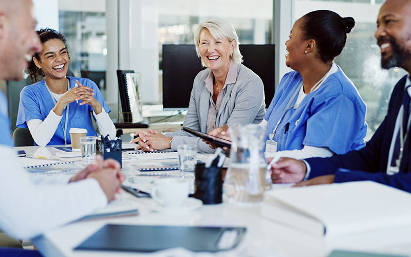 Healthcare professionals participating in a corporate language training lesson
