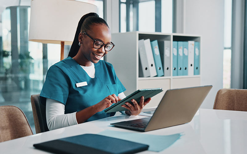Healthcare professional participating in personalized workplace language training