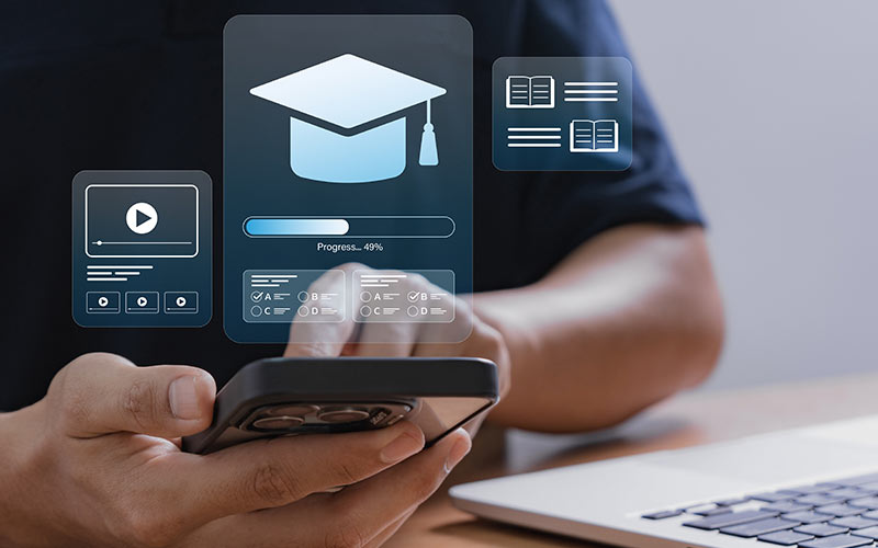 Digital language learning platform displaying learner progress and ongoing assessment results