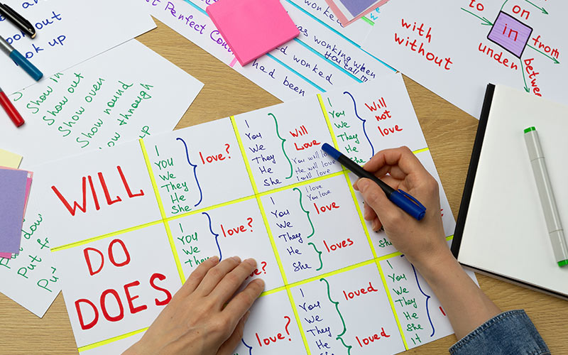 Language learner reviewing grammar and vocabulary before a placement test