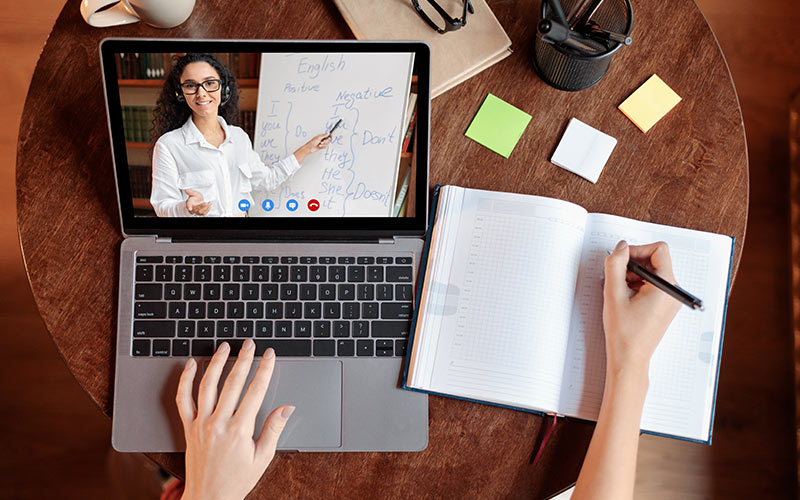 Interactive online language lesson with a trainer explaining new grammar to a learner