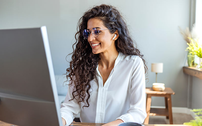 Confident learner attending a virtual language class and building communication skills online