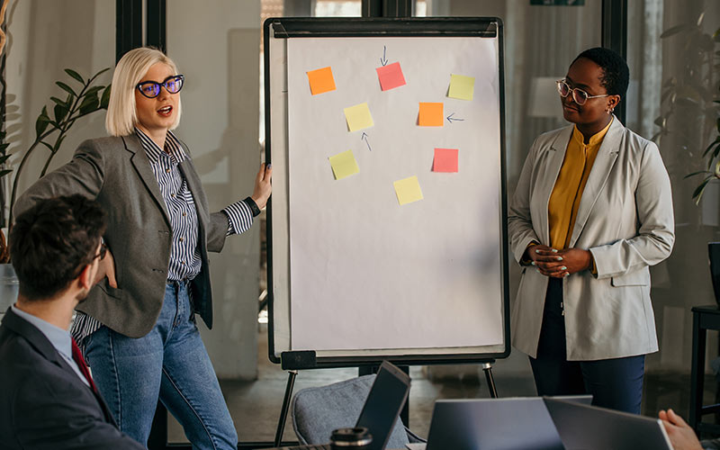 Professionals practising presentation and communication skills during a business language training session