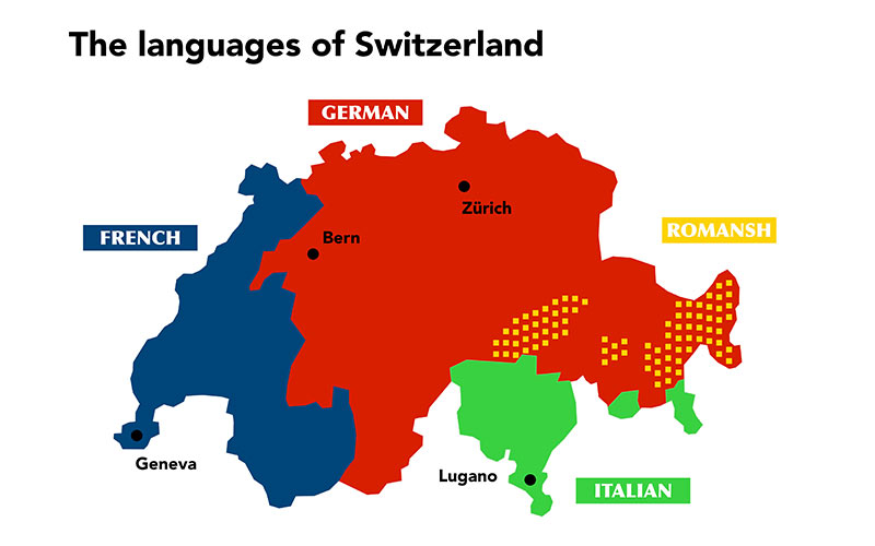 Map showing the four national languages of Switzerland and their linguistic regions