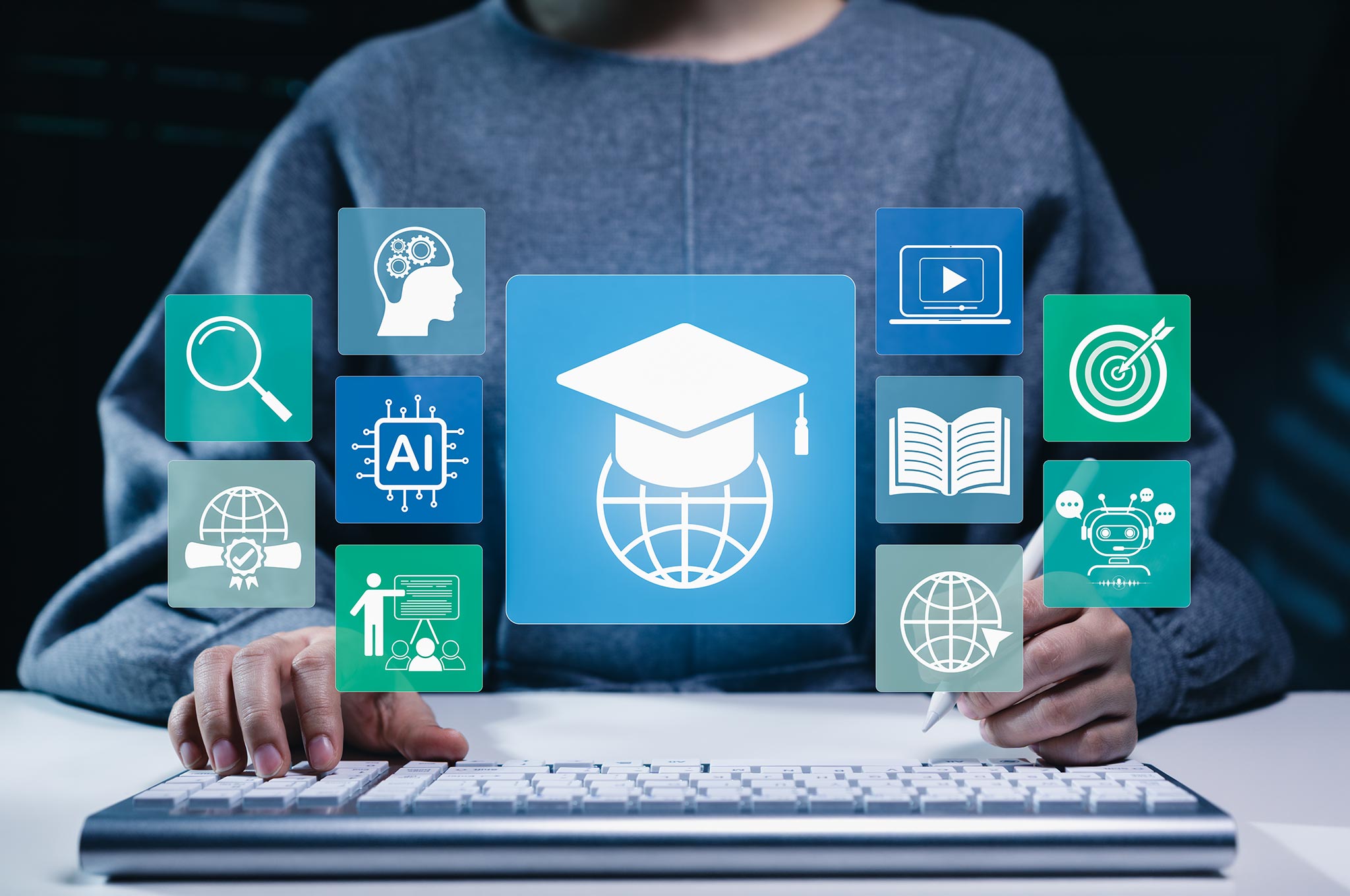 Learner at a keyboard with digital icons representing online learning, video lessons, AI and learning goals.