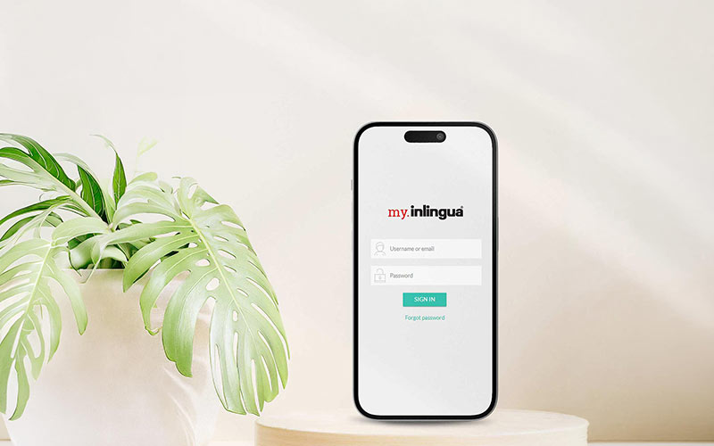 Smartphone displaying the my.inlingua login page, providing mobile access to inlingua’s digital language learning platform