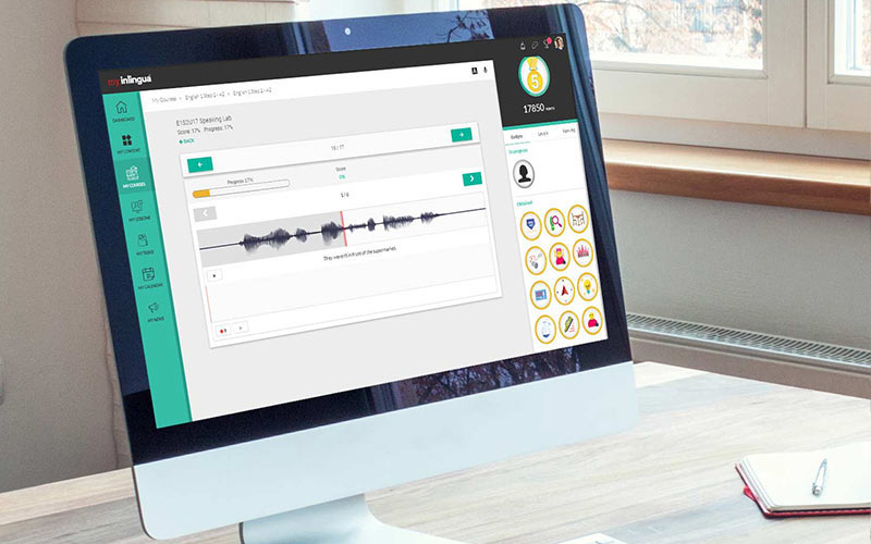 Computer screen displaying a my.lab speaking exercise with an audio waveform for listening and pronunciation practice